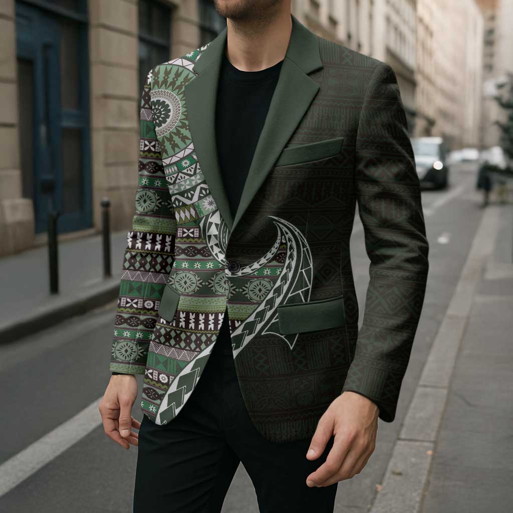 Fijian Masi Tribal Tattoos Art Pattern Blazer Green Color Half Style - Polynesian Pride