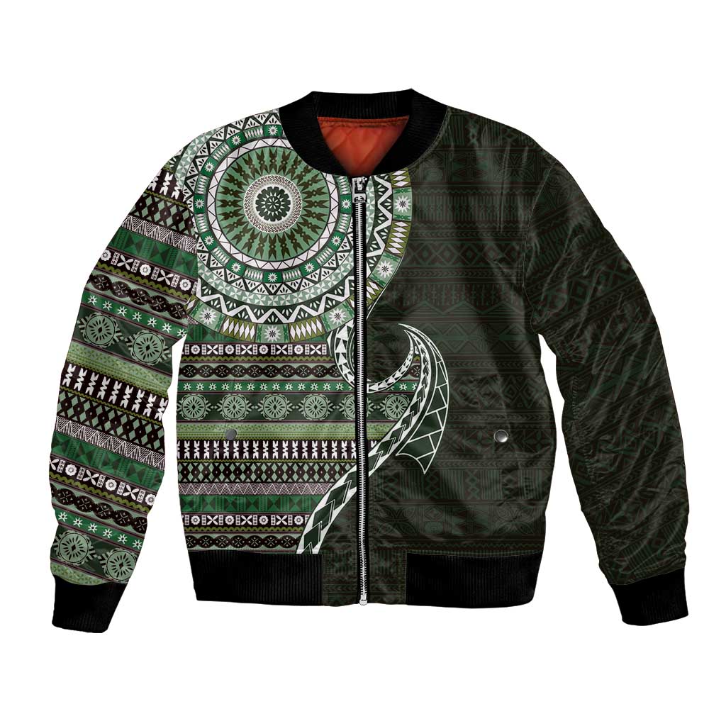 Fijian Masi Tribal Tattoos Art Pattern Bomber Jacket Green Color Half Style LT03 Unisex Green - Polynesian Pride
