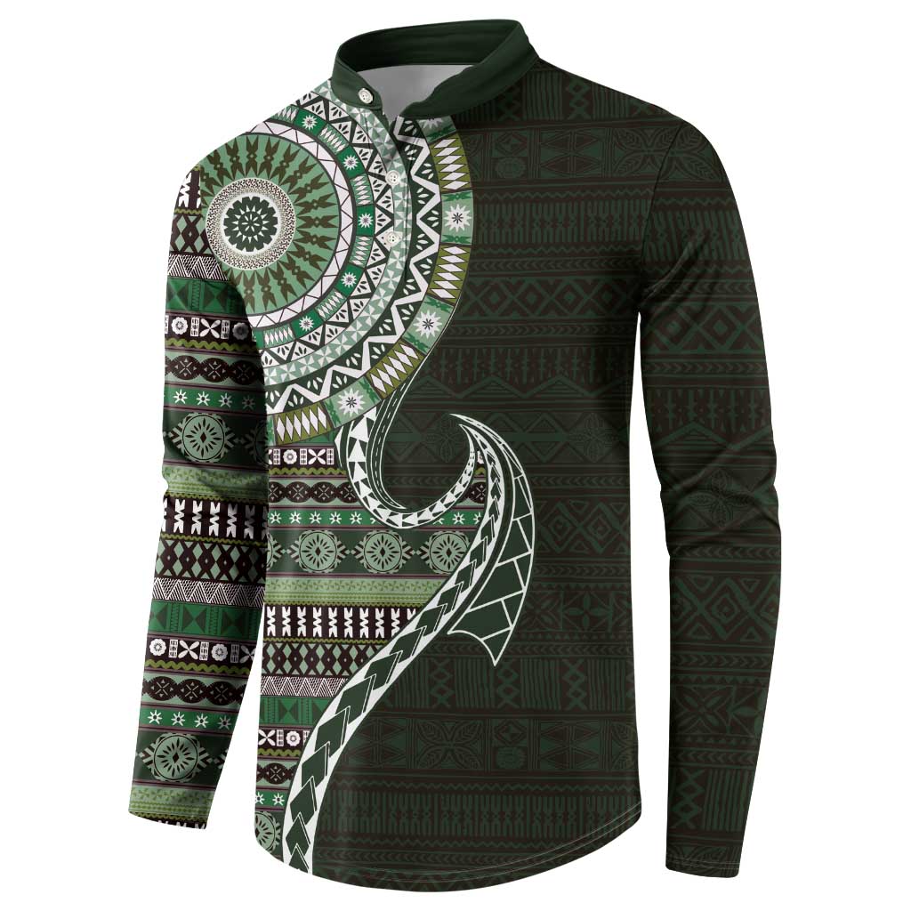 Fijian Masi Tribal Tattoos Art Pattern Button Sweatshirt Green Color Half Style - Polynesian Pride