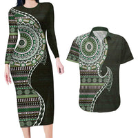 Fijian Masi Tribal Tattoos Art Pattern Couples Matching Long Sleeve Bodycon Dress and Hawaiian Shirt Green Color Half Style - Polynesian Pride