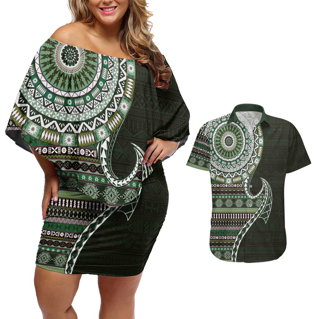 Fijian Masi Tribal Tattoos Art Pattern Couples Matching Off Shoulder Short Dress and Hawaiian Shirt Green Color Half Style - Polynesian Pride