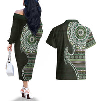 Fijian Masi Tribal Tattoos Art Pattern Couples Matching Off The Shoulder Long Sleeve Dress and Hawaiian Shirt Green Color Half Style - Polynesian Pride