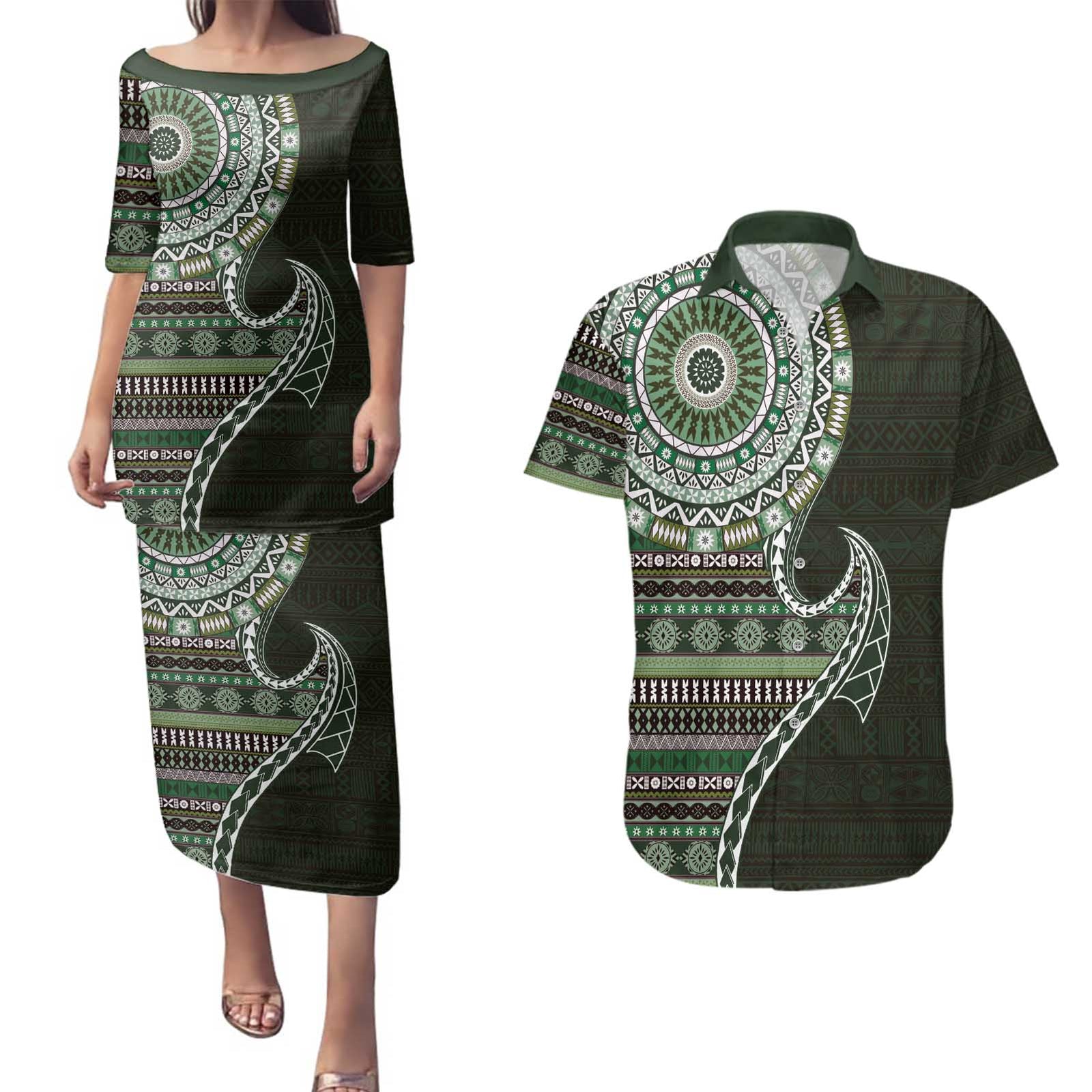 Fijian Masi Tribal Tattoos Art Pattern Couples Matching Puletasi and Hawaiian Shirt Green Color Half Style - Polynesian Pride