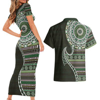 Fijian Masi Tribal Tattoos Art Pattern Couples Matching Short Sleeve Bodycon Dress and Hawaiian Shirt Green Color Half Style - Polynesian Pride