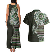 Fijian Masi Tribal Tattoos Art Pattern Couples Matching Tank Maxi Dress and Hawaiian Shirt Green Color Half Style - Polynesian Pride