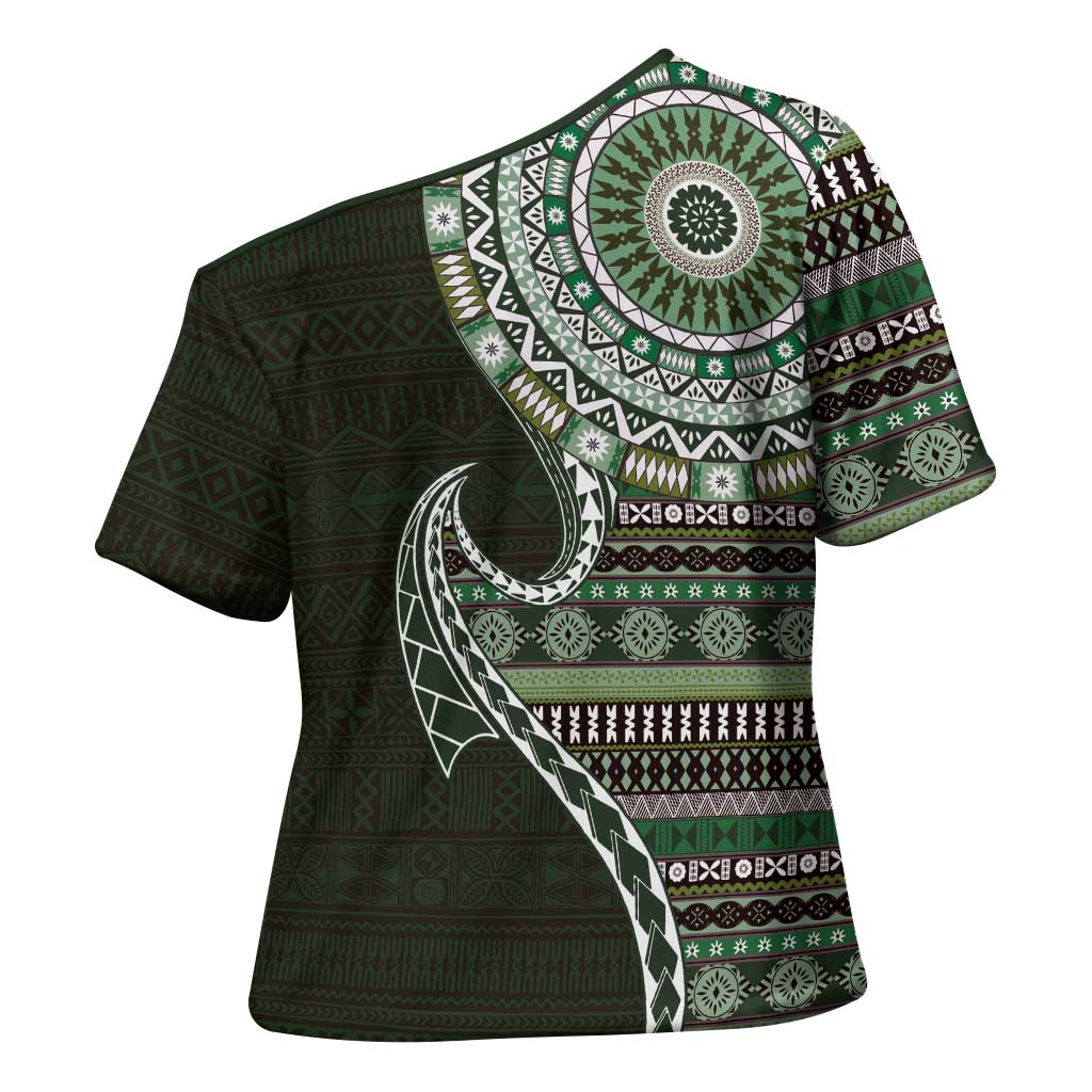 Fijian Masi Tribal Tattoos Art Pattern Cross Shoulder Shirt Green Color Half Style LT03 - Polynesian Pride