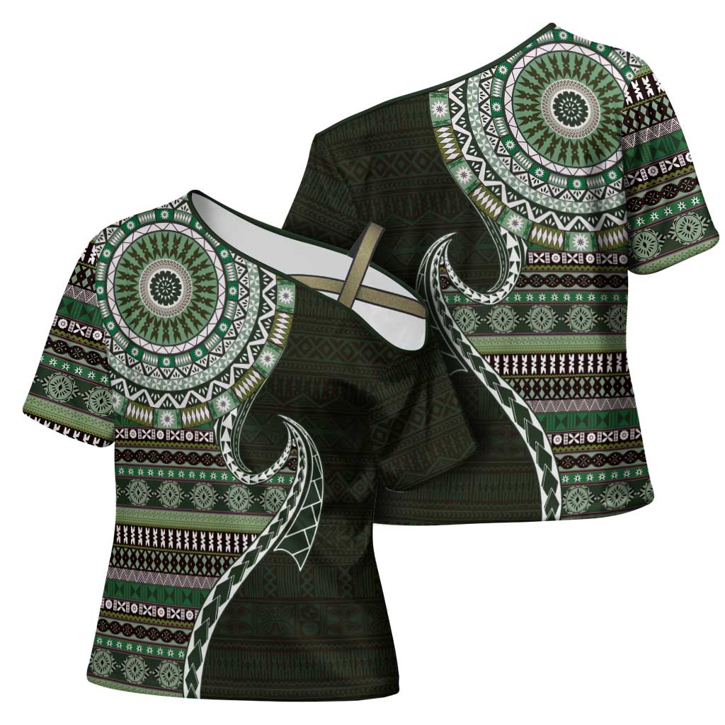 Fijian Masi Tribal Tattoos Art Pattern Cross Shoulder Shirt Green Color Half Style LT03 - Polynesian Pride