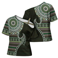 Fijian Masi Tribal Tattoos Art Pattern Cross Shoulder Shirt Green Color Half Style LT03 - Polynesian Pride
