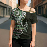 Fijian Masi Tribal Tattoos Art Pattern Cross Shoulder Shirt Green Color Half Style LT03 - Polynesian Pride