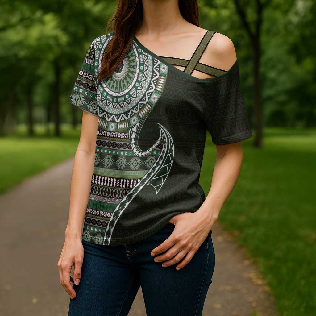 Fijian Masi Tribal Tattoos Art Pattern Cross Shoulder Shirt Green Color Half Style LT03 - Polynesian Pride