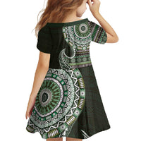 Fijian Masi Tribal Tattoos Art Pattern Family Matching Long Sleeve Bodycon Dress and Hawaiian Shirt Green Color Half Style - Polynesian Pride
