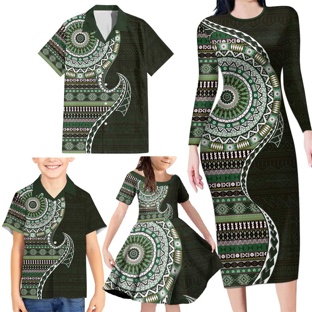 Fijian Masi Tribal Tattoos Art Pattern Family Matching Long Sleeve Bodycon Dress and Hawaiian Shirt Green Color Half Style - Polynesian Pride