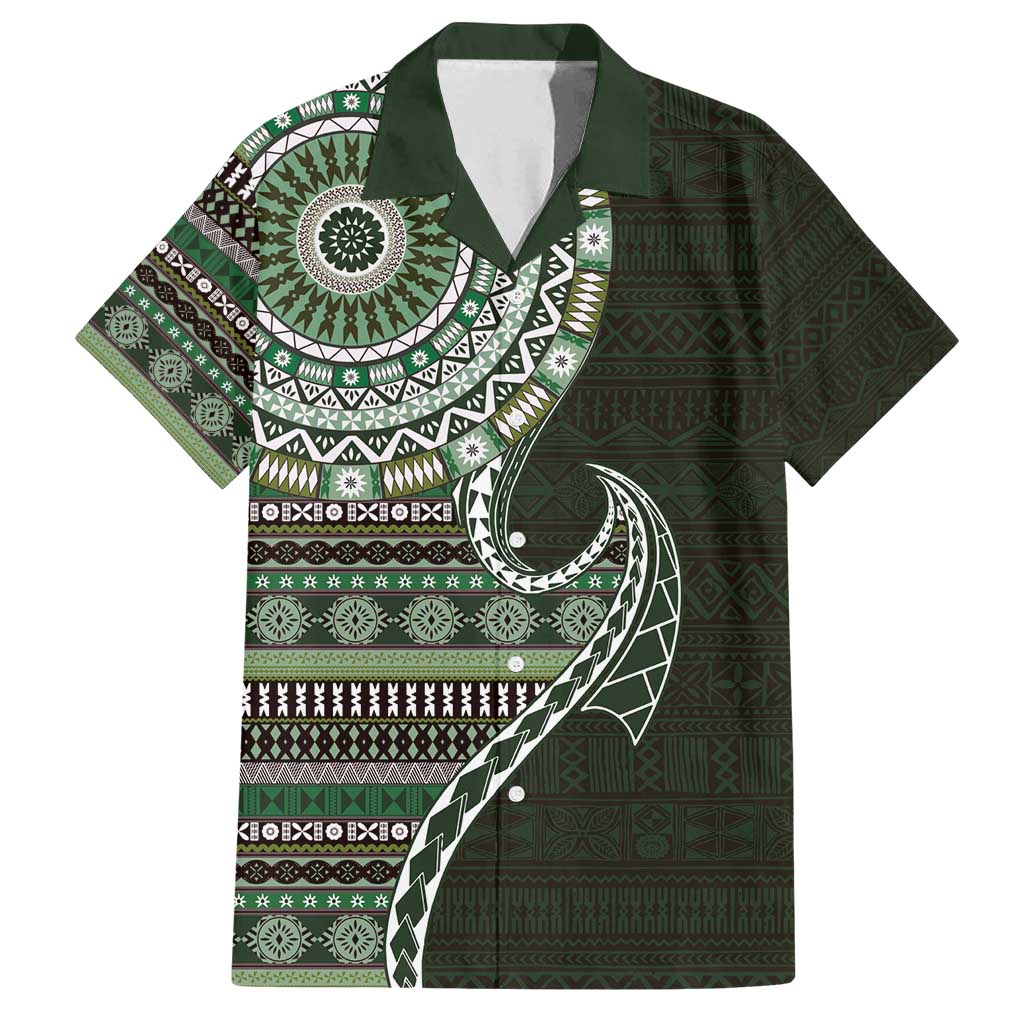 Fijian Masi Tribal Tattoos Art Pattern Family Matching Long Sleeve Bodycon Dress and Hawaiian Shirt Green Color Half Style - Polynesian Pride