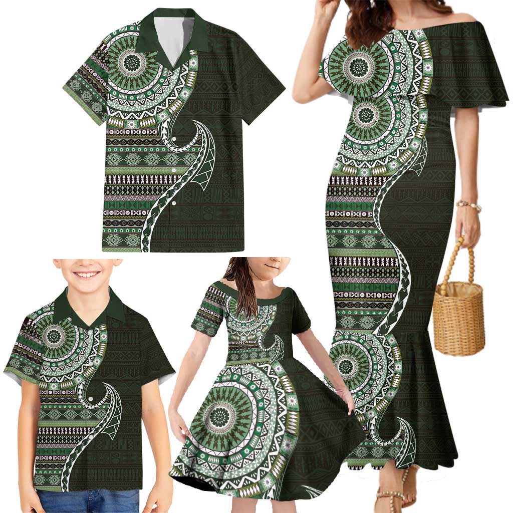 Fijian Masi Tribal Tattoos Art Pattern Family Matching Mermaid Dress and Hawaiian Shirt Green Color Half Style - Polynesian Pride