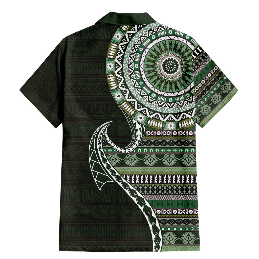 Fijian Masi Tribal Tattoos Art Pattern Family Matching Mermaid Dress and Hawaiian Shirt Green Color Half Style - Polynesian Pride