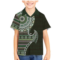 Fijian Masi Tribal Tattoos Art Pattern Family Matching Mermaid Dress and Hawaiian Shirt Green Color Half Style - Polynesian Pride