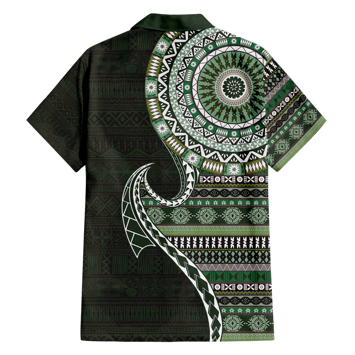 Fijian Masi Tribal Tattoos Art Pattern Family Matching Off The Shoulder Long Sleeve Dress and Hawaiian Shirt Green Color Half Style - Polynesian Pride