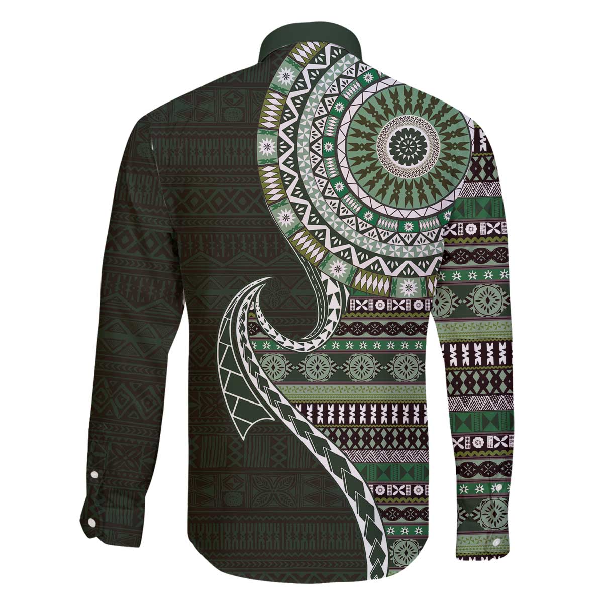 Fijian Masi Tribal Tattoos Art Pattern Family Matching Off The Shoulder Long Sleeve Dress and Hawaiian Shirt Green Color Half Style - Polynesian Pride