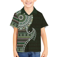 Fijian Masi Tribal Tattoos Art Pattern Family Matching Off The Shoulder Long Sleeve Dress and Hawaiian Shirt Green Color Half Style - Polynesian Pride