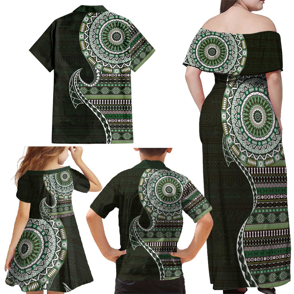 Fijian Masi Tribal Tattoos Art Pattern Family Matching Off Shoulder Maxi Dress and Hawaiian Shirt Green Color Half Style - Polynesian Pride