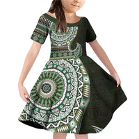 Fijian Masi Tribal Tattoos Art Pattern Family Matching Off Shoulder Short Dress and Hawaiian Shirt Green Color Half Style - Polynesian Pride