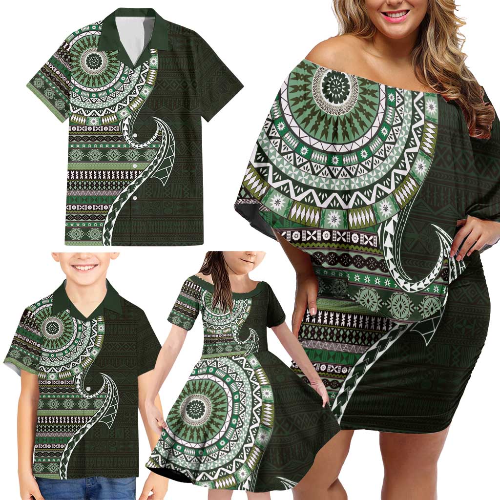 Fijian Masi Tribal Tattoos Art Pattern Family Matching Off Shoulder Short Dress and Hawaiian Shirt Green Color Half Style - Polynesian Pride
