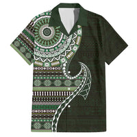 Fijian Masi Tribal Tattoos Art Pattern Family Matching Short Sleeve Bodycon Dress and Hawaiian Shirt Green Color Half Style - Polynesian Pride
