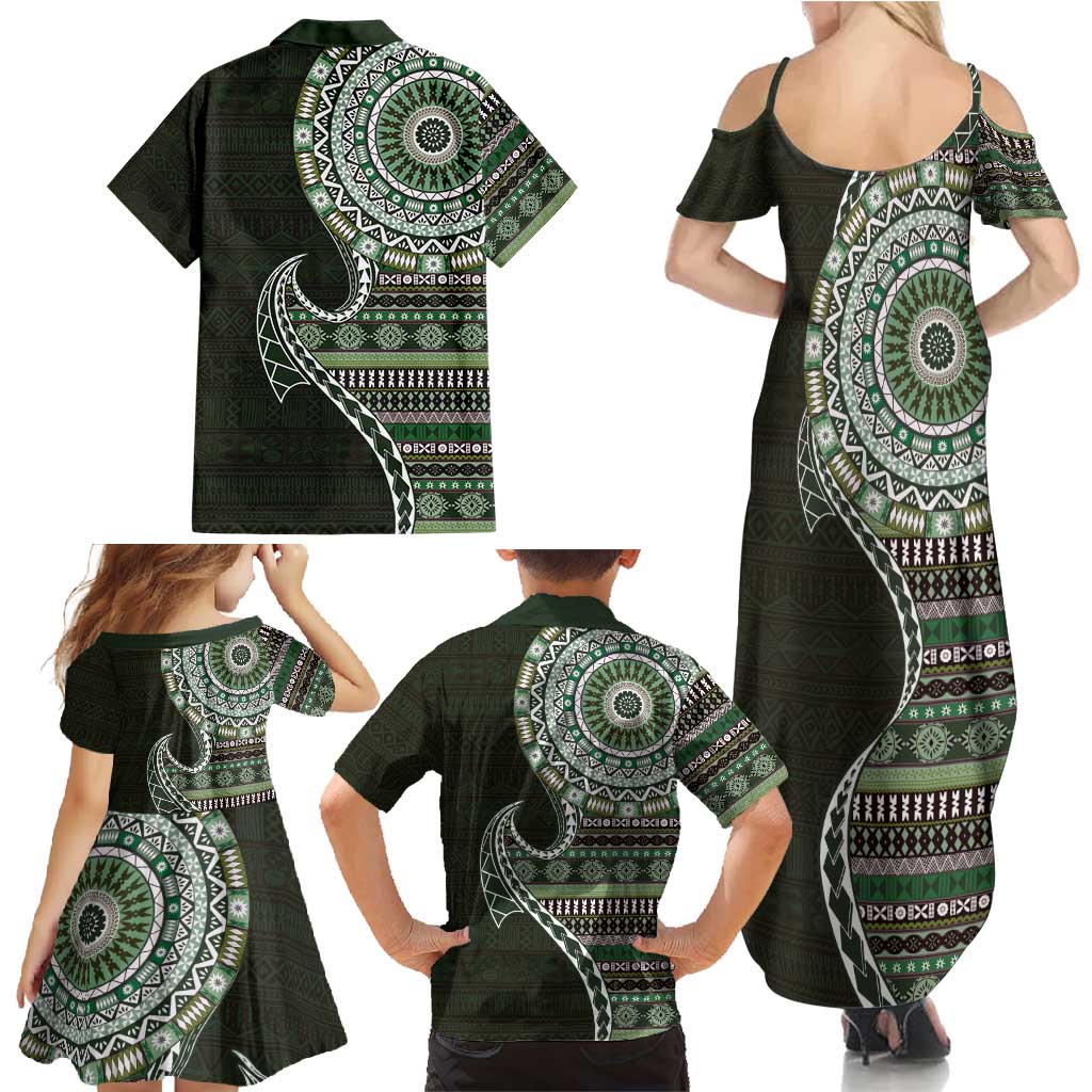 Fijian Masi Tribal Tattoos Art Pattern Family Matching Summer Maxi Dress and Hawaiian Shirt Green Color Half Style - Polynesian Pride