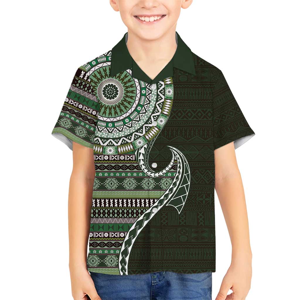 Fijian Masi Tribal Tattoos Art Pattern Family Matching Summer Maxi Dress and Hawaiian Shirt Green Color Half Style - Polynesian Pride