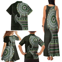 Fijian Masi Tribal Tattoos Art Pattern Family Matching Tank Maxi Dress and Hawaiian Shirt Green Color Half Style - Polynesian Pride