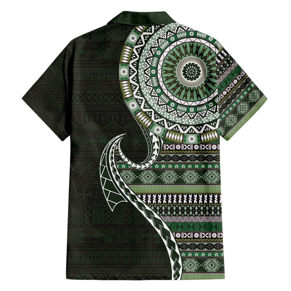 Fijian Masi Tribal Tattoos Art Pattern Family Matching Tank Maxi Dress and Hawaiian Shirt Green Color Half Style - Polynesian Pride