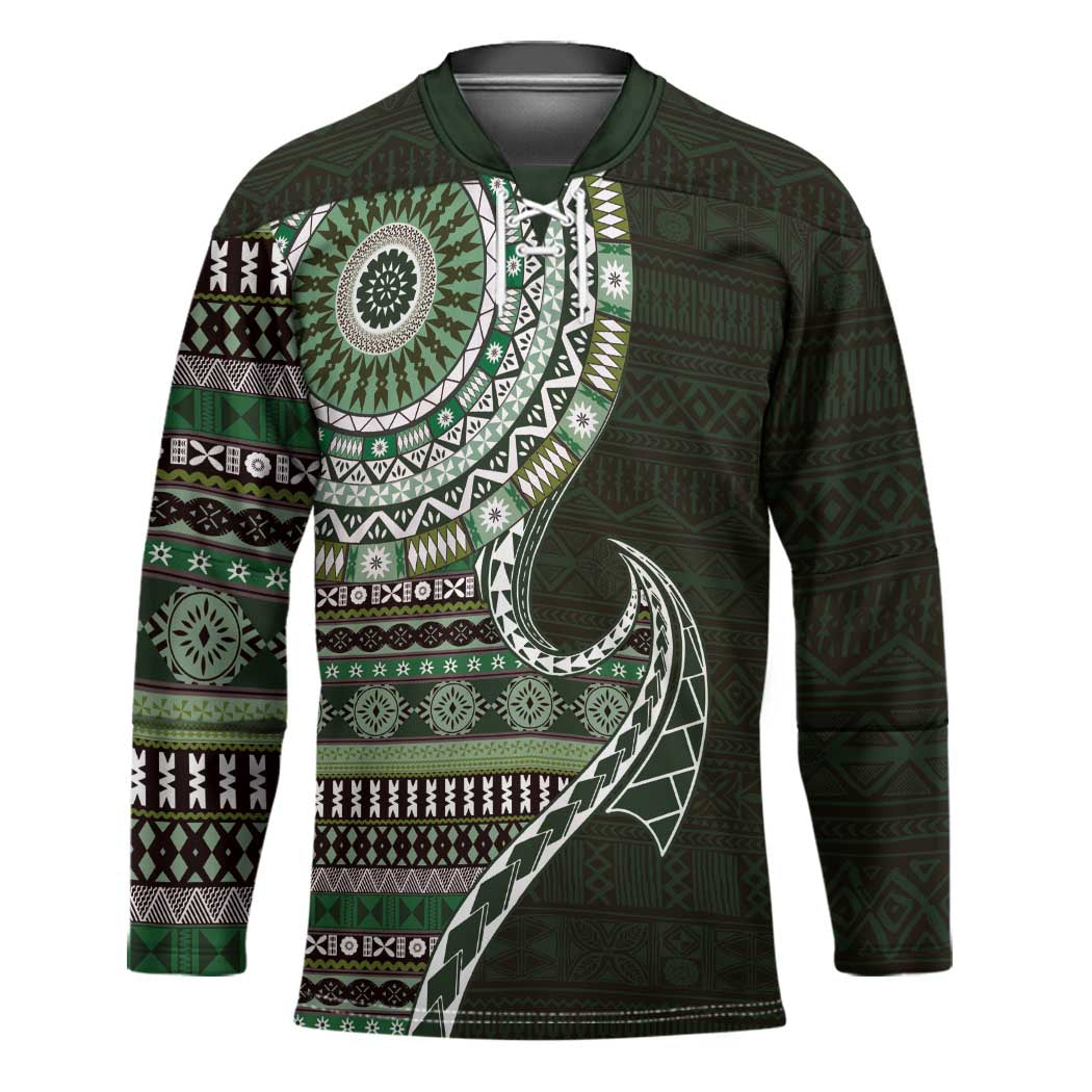 Fijian Masi Tribal Tattoos Art Pattern Hockey Jersey Green Color Half Style - Polynesian Pride
