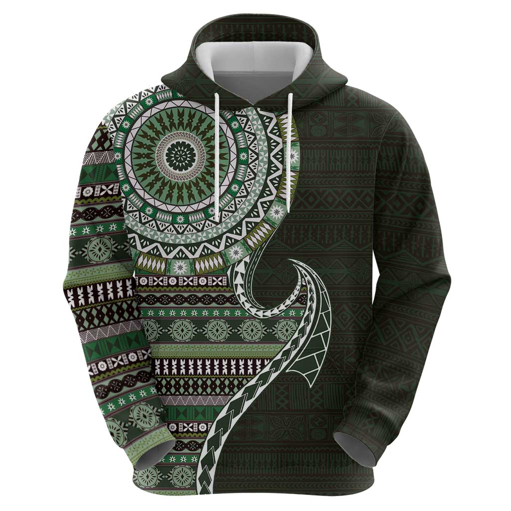 Fijian Masi Tribal Tattoos Art Pattern Hoodie Green Color Half Style - Polynesian Pride