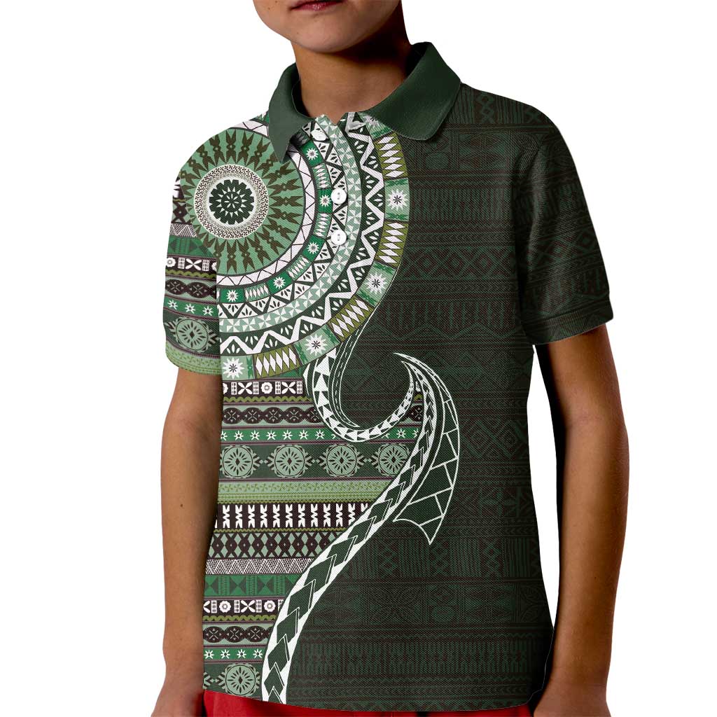 Fijian Masi Tribal Tattoos Art Pattern Kid Polo Shirt Green Color Half Style - Polynesian Pride