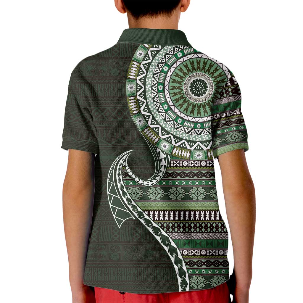 Fijian Masi Tribal Tattoos Art Pattern Kid Polo Shirt Green Color Half Style LT03 - Polynesian Pride