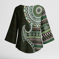 Fijian Masi Tribal Tattoos Art Pattern Kimono Sleeve Blouse Green Color Half Style - Polynesian Pride