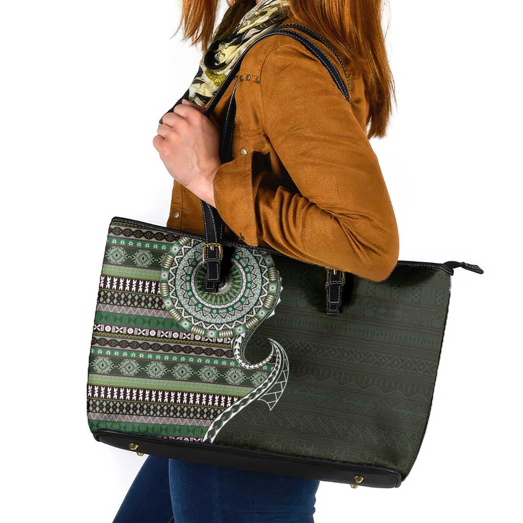 Fijian Masi Tribal Tattoos Art Pattern Leather Tote Bag Green Color Half Style LT03 Green - Polynesian Pride