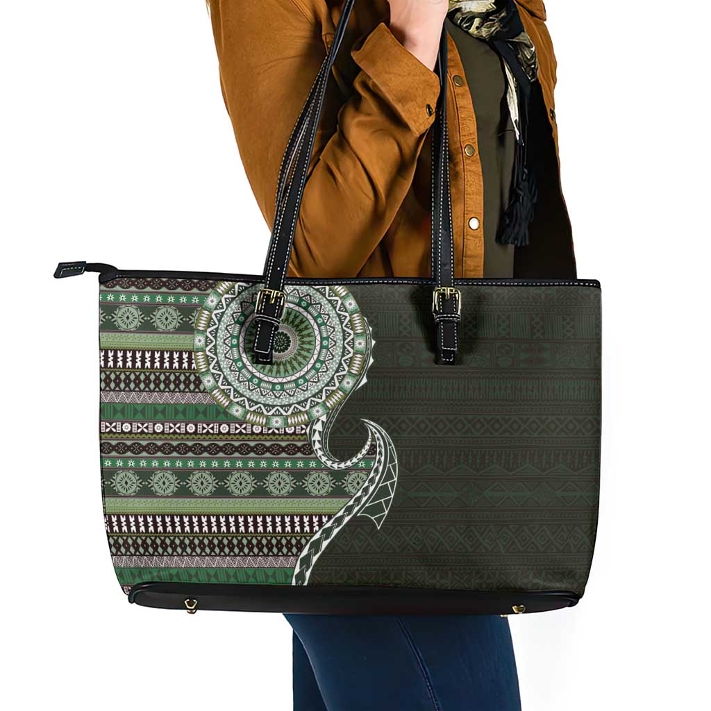 Fijian Masi Tribal Tattoos Art Pattern Leather Tote Bag Green Color Half Style LT03 - Polynesian Pride