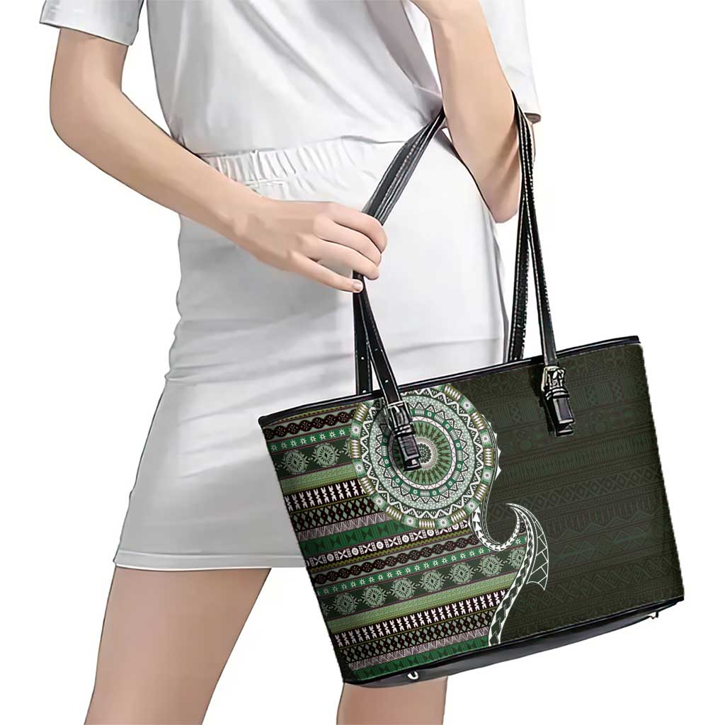 Fijian Masi Tribal Tattoos Art Pattern Leather Tote Bag Green Color Half Style LT03 - Polynesian Pride