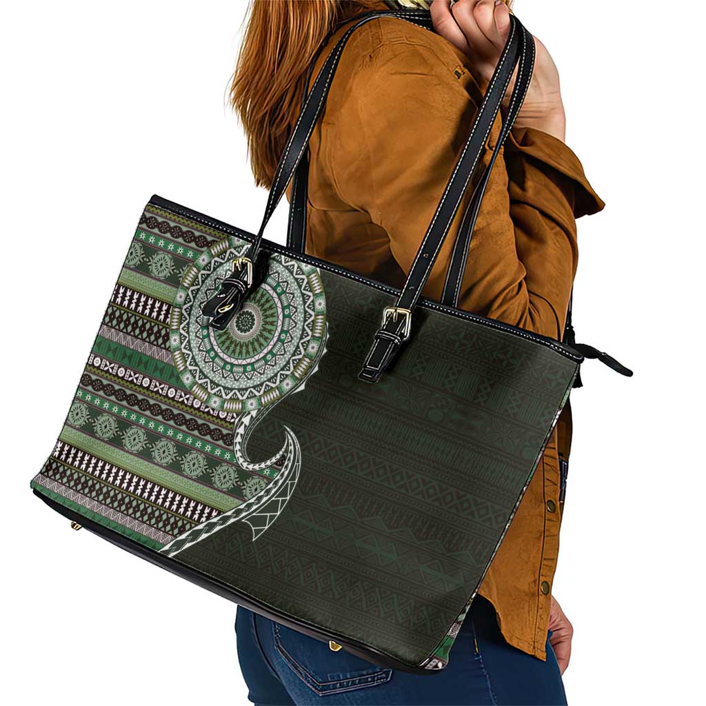 Fijian Masi Tribal Tattoos Art Pattern Leather Tote Bag Green Color Half Style LT03 - Polynesian Pride