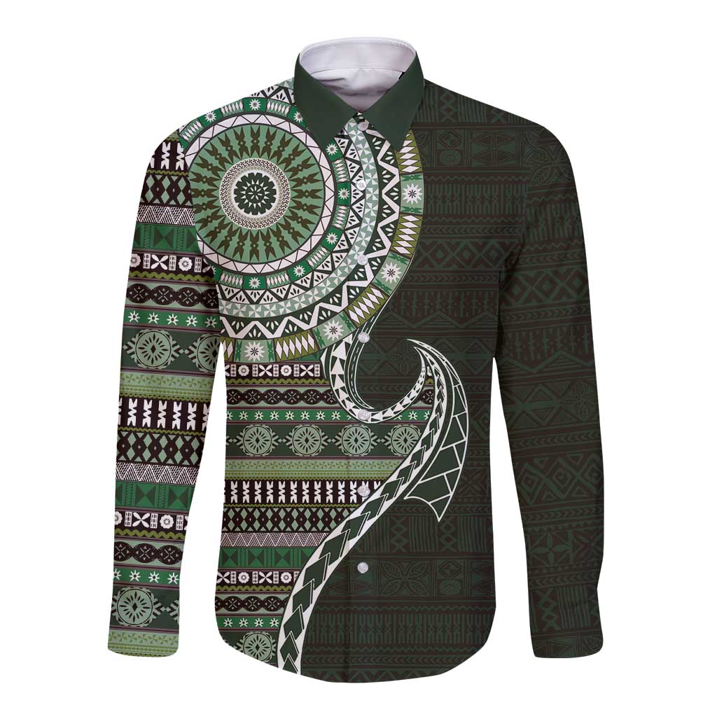 Fijian Masi Tribal Tattoos Art Pattern Long Sleeve Button Shirt Green Color Half Style - Polynesian Pride