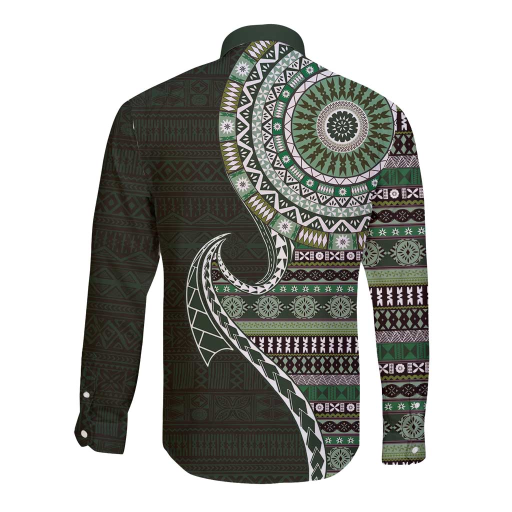 Fijian Masi Tribal Tattoos Art Pattern Long Sleeve Button Shirt Green Color Half Style - Polynesian Pride