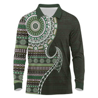 Fijian Masi Tribal Tattoos Art Pattern Long Sleeve Polo Shirt Green Color Half Style - Polynesian Pride