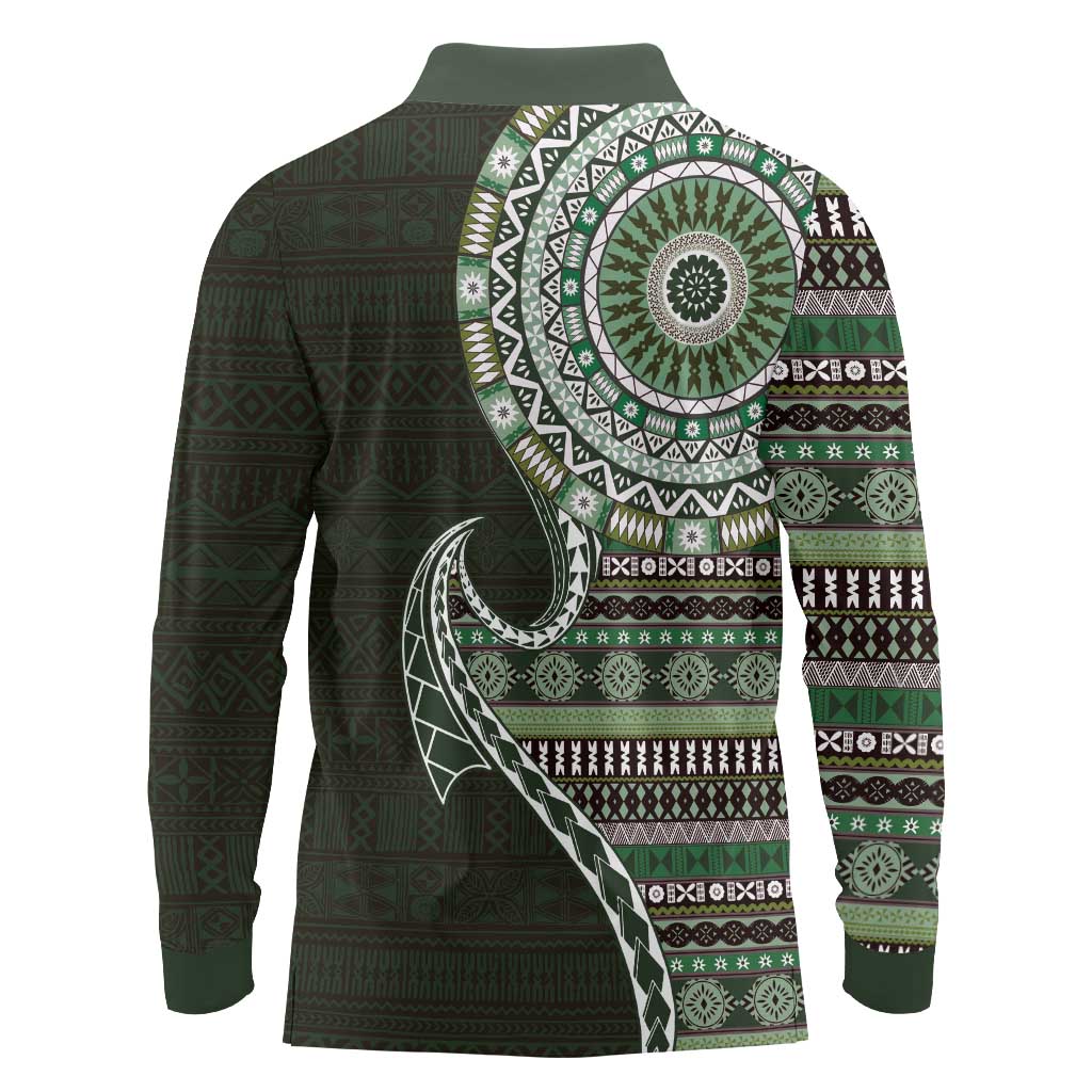 Fijian Masi Tribal Tattoos Art Pattern Long Sleeve Polo Shirt Green Color Half Style - Polynesian Pride