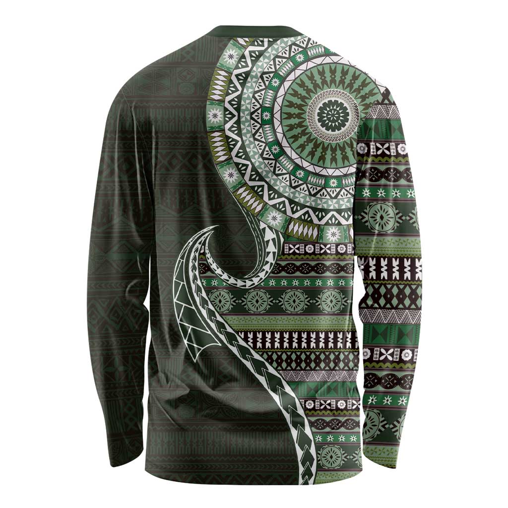 Fijian Masi Tribal Tattoos Art Pattern Long Sleeve Shirt Green Color Half Style LT03 - Polynesian Pride