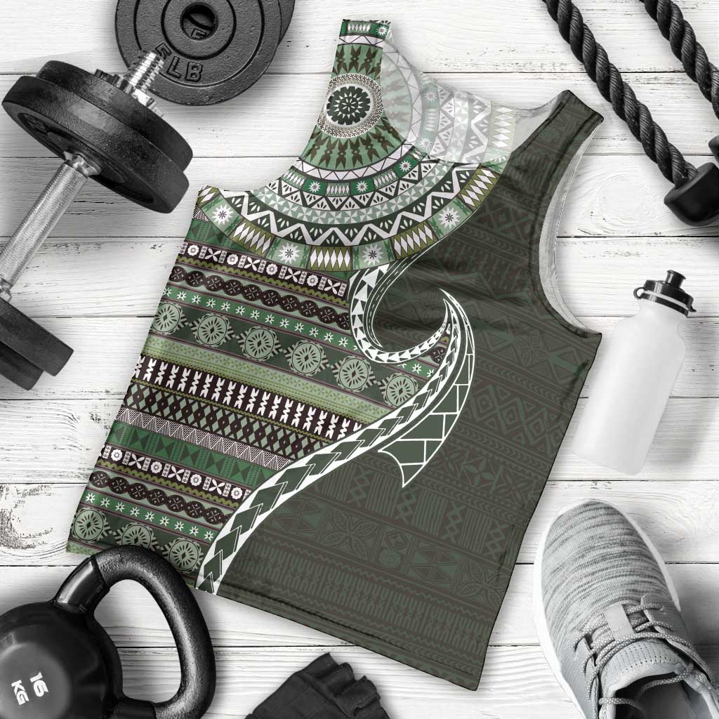 Fijian Masi Tribal Tattoos Art Pattern Men Tank Top Green Color Half Style - Polynesian Pride