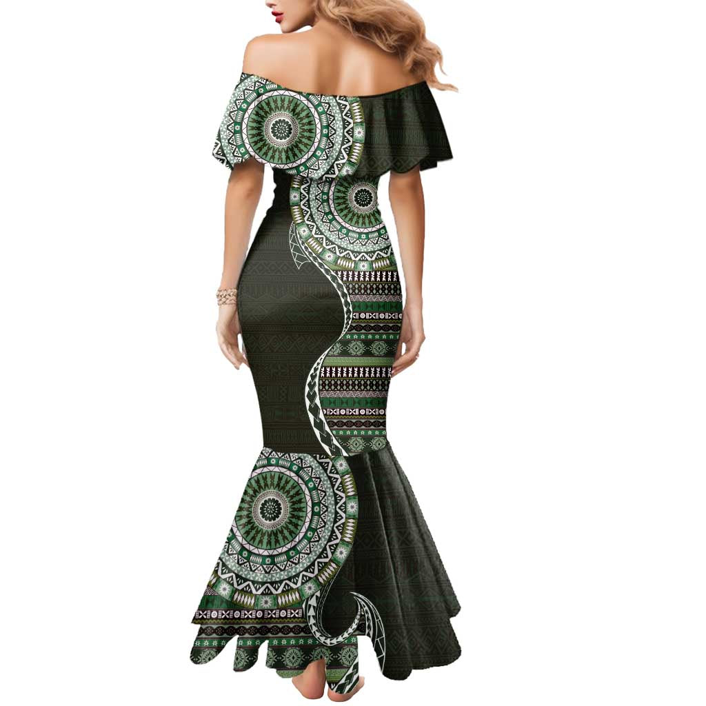 Fijian Masi Tribal Tattoos Art Pattern Mermaid Dress Green Color Half Style - Polynesian Pride