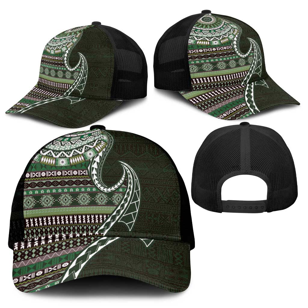 Fijian Masi Tribal Tattoos Art Pattern Mesh Trucker Cap Green Color Half Style - Polynesian Pride