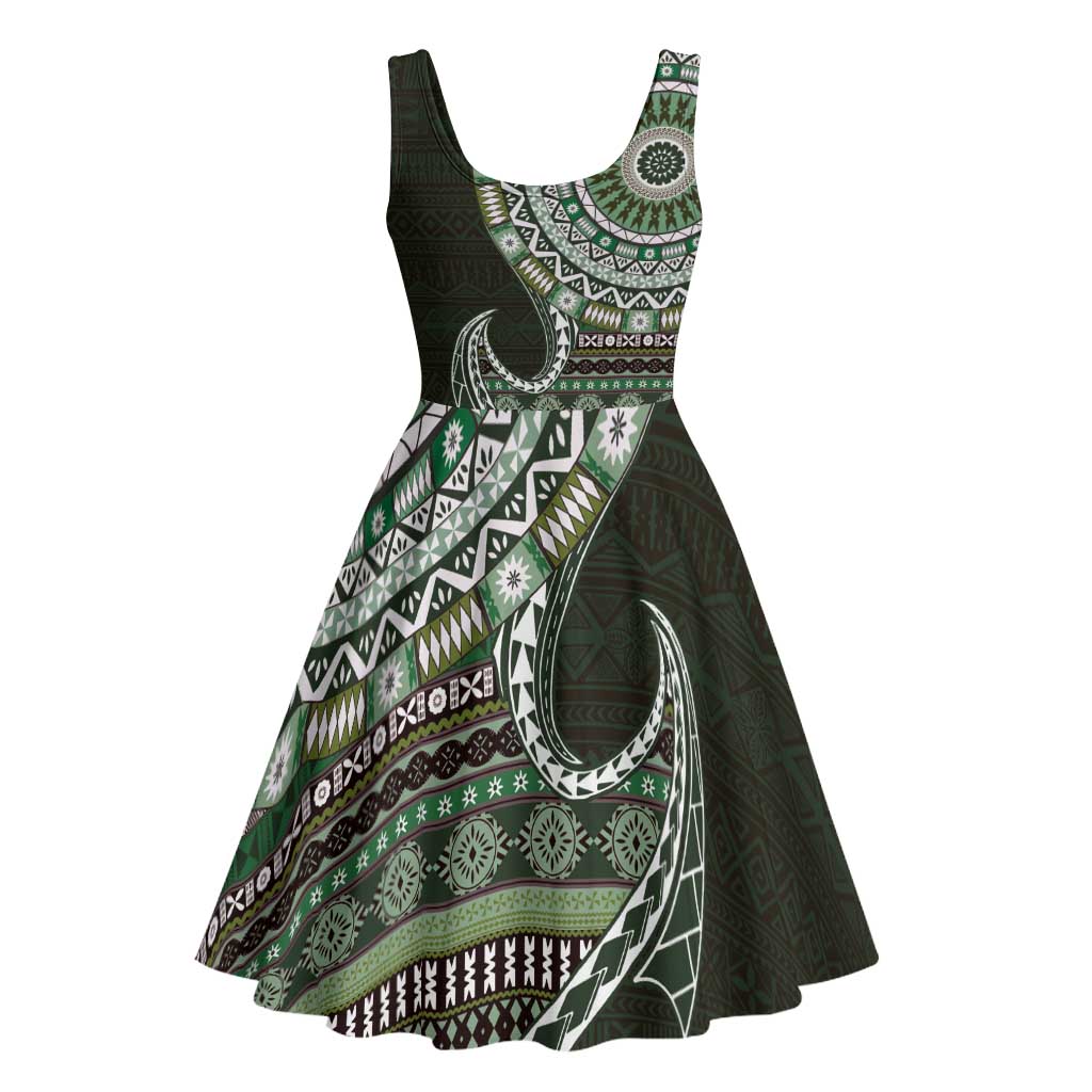 Fijian Masi Tribal Tattoos Art Pattern Midi Dress Green Color Half Style - Polynesian Pride