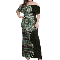 Fijian Masi Tribal Tattoos Art Pattern Off Shoulder Maxi Dress Green Color Half Style - Polynesian Pride